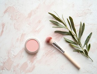 Blush with brush, leaves, and flatlay.