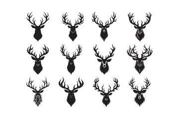Twelve black silhouette deer head designs