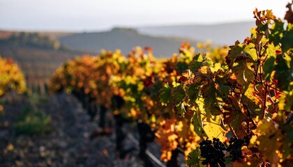 colorful vineyard in autumn, landscape with hills, beautiful sunrise