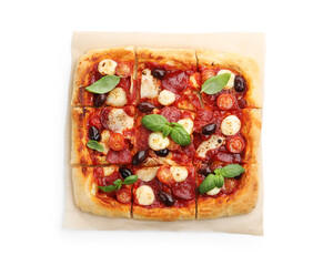 Tasty square homemade pizza isolated on white, top view
