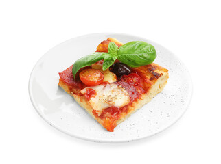 Piece of tasty homemade pizza isolated on white