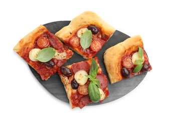 Pieces of tasty homemade pizza isolated on white, top view