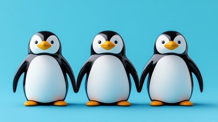Naklejka premium Three Cartoon Penguins Against Blue Background
