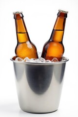 Two beer bottles in an ice bucket isolated on a white background, ice bucket, chilled