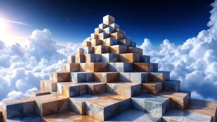 Stairway to heaven made of golden 3D cubes and blocks symbolizing success and structure in a cityscape design - Powered by Adobe