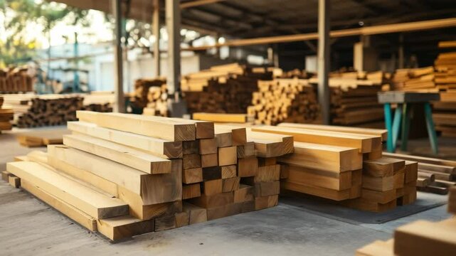 The stack of cut teak in manufacturing factory, Lumber shop warehouse, Teak manufacturing factory, Lumber for further use in construction	