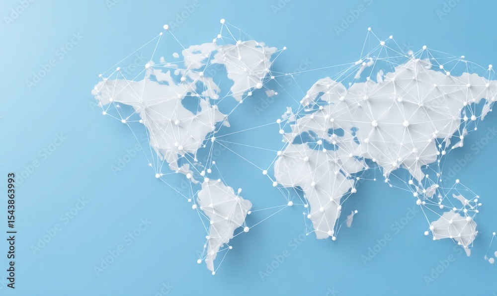 Poster abstract global network concept with a world map and connected dots on a light blue background gener