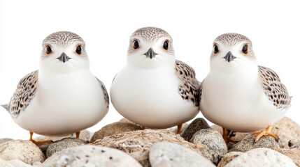 Three Cute Birds Sitting Together On Rocks