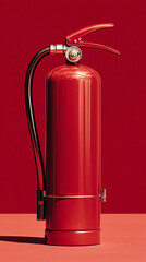 Obraz premium A shiny red fire extinguisher stands against a matching red background in a studio setting