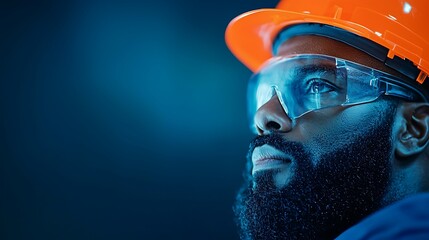 Portrait of a Focused Construction Worker in Safety Gear on Dark Background