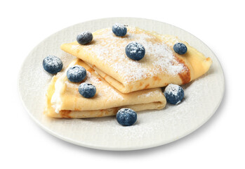 Tasty crepes with cream, blueberries and powdered sugar isolated on white