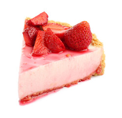 Piece of tasty cheesecake with strawberries and sauce isolated on white
