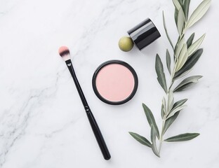 Blush with brush, olive branch, and marble.