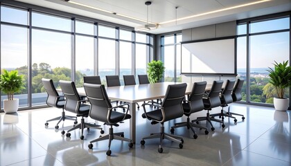 Modern conference room with large table, chairs, and scenic view of greenery outside