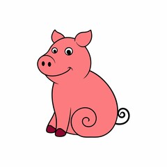 Cute cartoon pig sitting isolated on white background