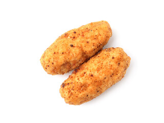 Tasty fried golden croquettes isolated on white, top view