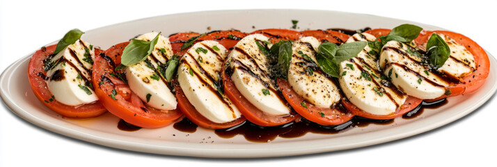 Plated Caprese salad displays layers of fresh mozzarella and ripe tomatoes, garnished with basil and drizzled with balsamic reduction, enjoyed outdoors on a sunny day