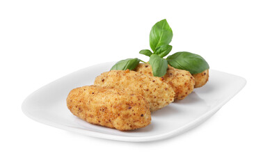 Tasty fried croquettes and basil isolated on white
