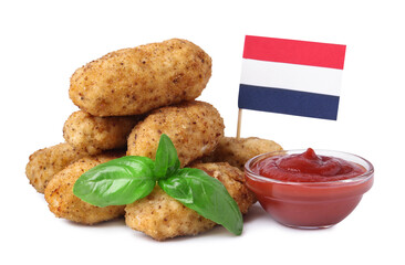 Tasty fried croquettes, basil, sauce and flag of Netherlands isolated on white