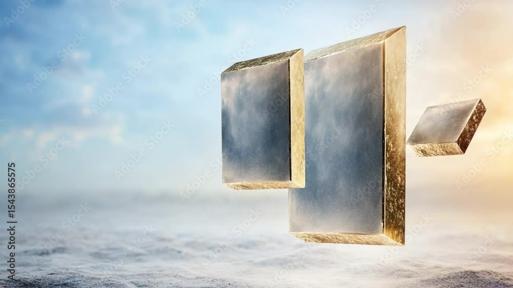 Poster Floating Cubes in Sky: Abstract composition, cubes float serenely in a boundless expanse of sky and sea, creating a surreal and evocative scene. The golden frames shimmer.