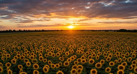 Sunset over a vast field of sunflowers