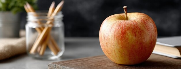 High-resolution composition with an apple, books, and colored pencils in a glass jar set against a blackboard background for educational use