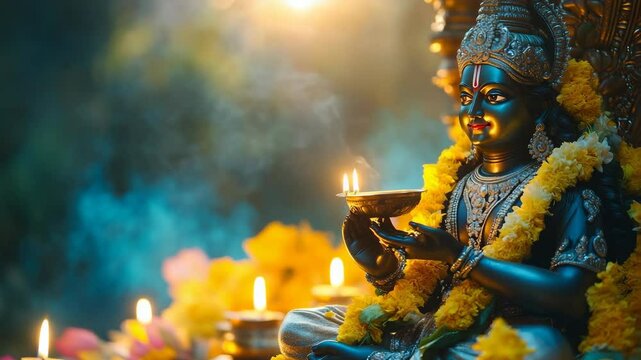 Krishna statue with diya oil lamp and flowers in temple, Vishu festival celebration, Krishna birth, Diwali,