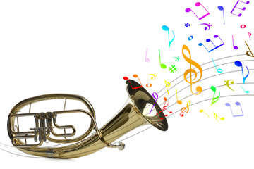 Colorful musical notes flowing from tenor horn on white background