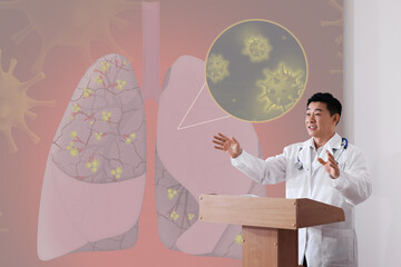 Healthcare professional giving lecture about lung diseases in conference room using video...
