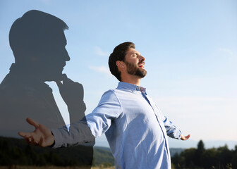 Happy man against sky, double exposure with silhouette of pensive person. Changes in mental health...