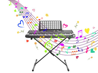 Synthesizer on stand against white background. Colorful music notes, hearts and flowers around...