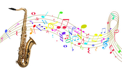 Saxophone and colorful music notes on white background. Banner design