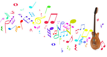 Wooden electric guitar and colorful music notes on white background. Banner design
