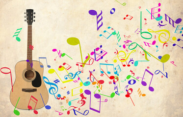 Acoustic guitar and colorful music notes on beige background. Banner design