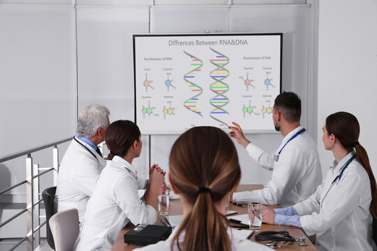 Team of doctors using video projector during conference about DNA indoors. Illustrations on projection screen