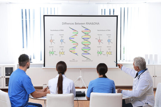 Team of doctors using video projector during conference about DNA indoors. Illustrations on projection screen - Powered by Adobe