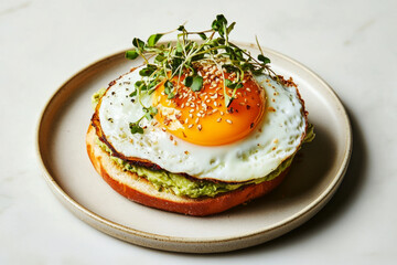 Freshly prepared sandwich features creamy avocado spread topped with a perfectly fried egg, served on golden toasted bread with sprouts for garnish