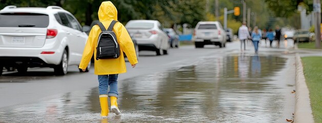 Schoolboy in yellow raincoat walks along a rainy road with backpack on an overcast day while puddles form beside him