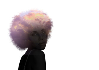 Mental health. Silhouette of woman with sunrise sky inside on white background