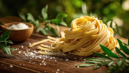 Golden pasta nests on rustic wood, adorned with herbs and coarse salt. A wooden bowl of salt sits nearby