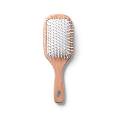 A wooden paddle hairbrush with soft bristles, designed for detangling and styling hair.
