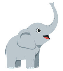 Fototapeta premium Cheerful Cartoon Elephant with Raised Trunk Displaying Joyful Expression and Playful Appearance for Illustrations and Learning Materials