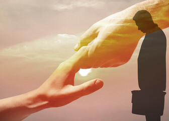 Mental health, psychologist services. Giving helping hand, silhouette of man and sunrise sky,...