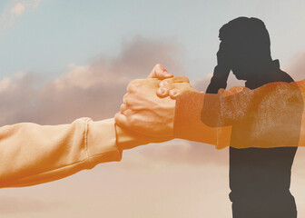 Mental health, psychologist services. Giving helping hand, silhouette of man and sunrise sky,...