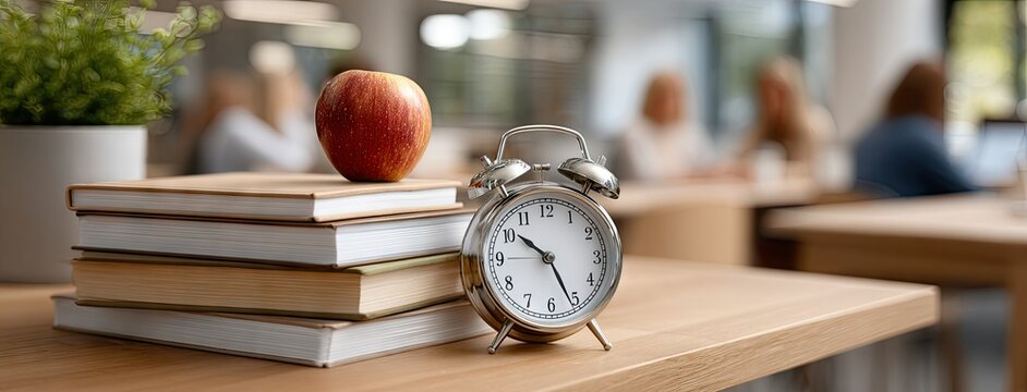 Books piled on a table alongside an alarm clock and an apple create a visual metaphor for time management and productivity in a vibrant classroom environment.