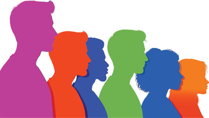 Colorful human silhouettes in profile view on white background symbolizing diversity, unity and inclusion