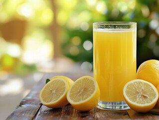 Fresh Lemon Juice on Wooden Table in Summer Light