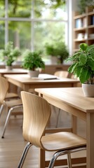 Obraz premium Blurred view of an empty modern classroom with neatly arranged desks and chairs, creating a serene atmosphere perfect for students preparing for a new academic year