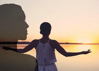 Woman enjoying seascape at sunrise, double exposure with silhouette of girl. Changes in mental...