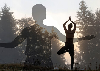 Mental health. Woman practicing yoga outdoors at sunrise, double exposure with silhouette of girl